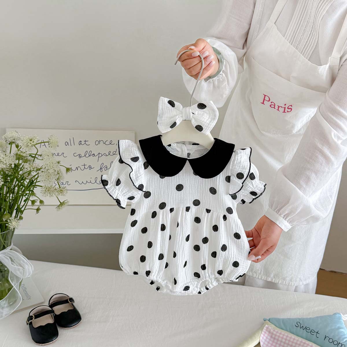 Romper Onesie Baby - 여아용 스위트 폴카 도트 인형 칼라